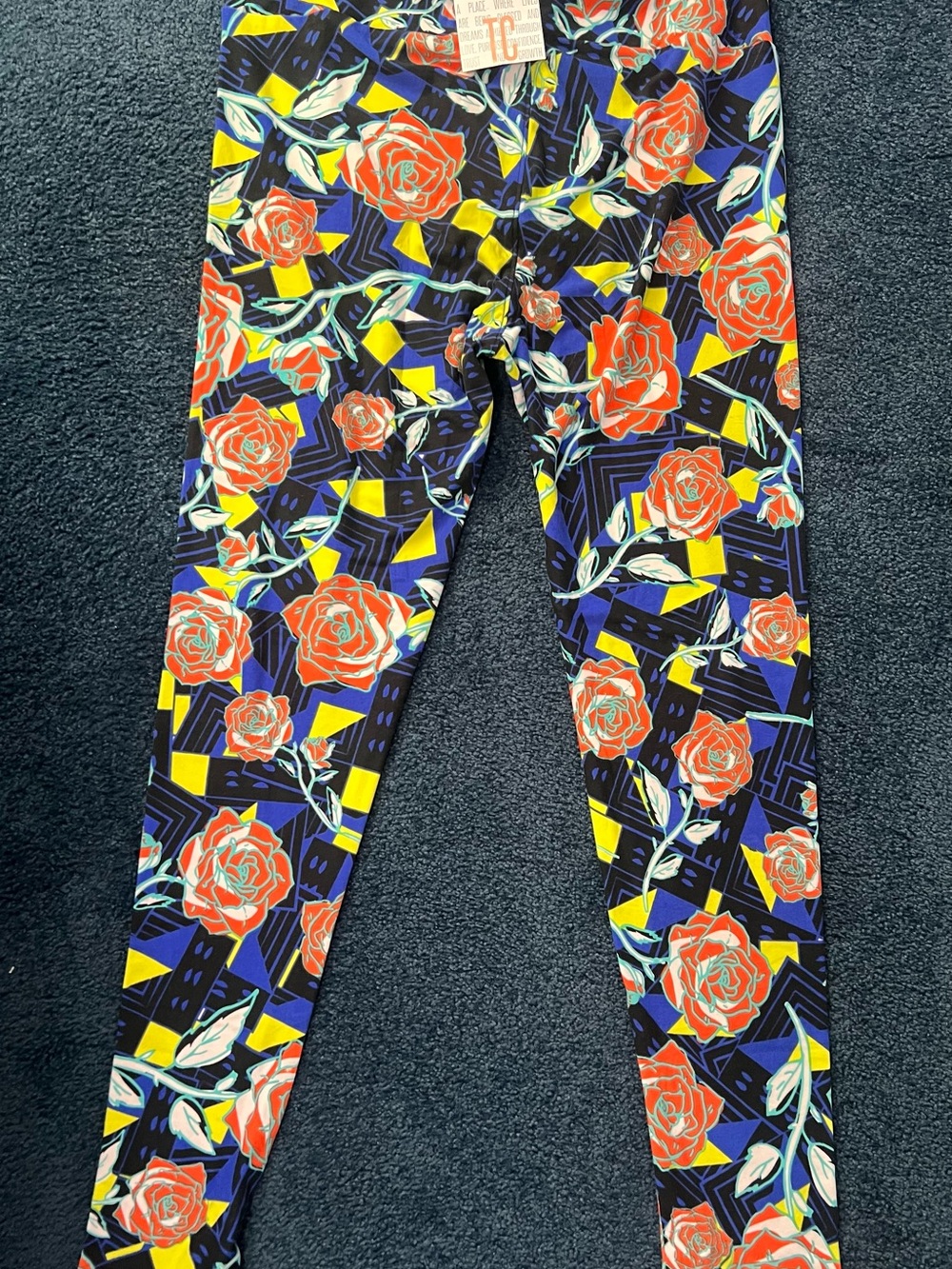 LuLaRoe Navy Leggings with Red Rose & Yellow Geometric Print
